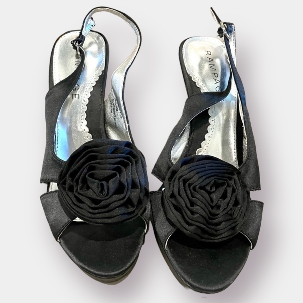 Rampage Black Satin Rosette Heels Sandal Size 8.5